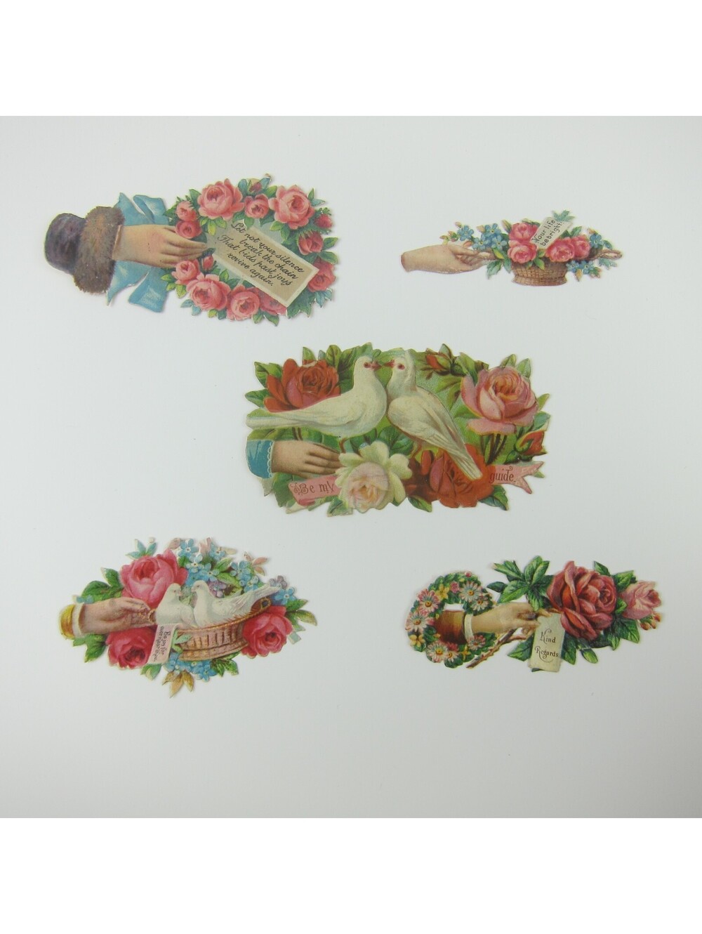 Victorian Die Cut Scraps Hands Rose Flowers Dove Birds Lot of 5 Embossed Antique